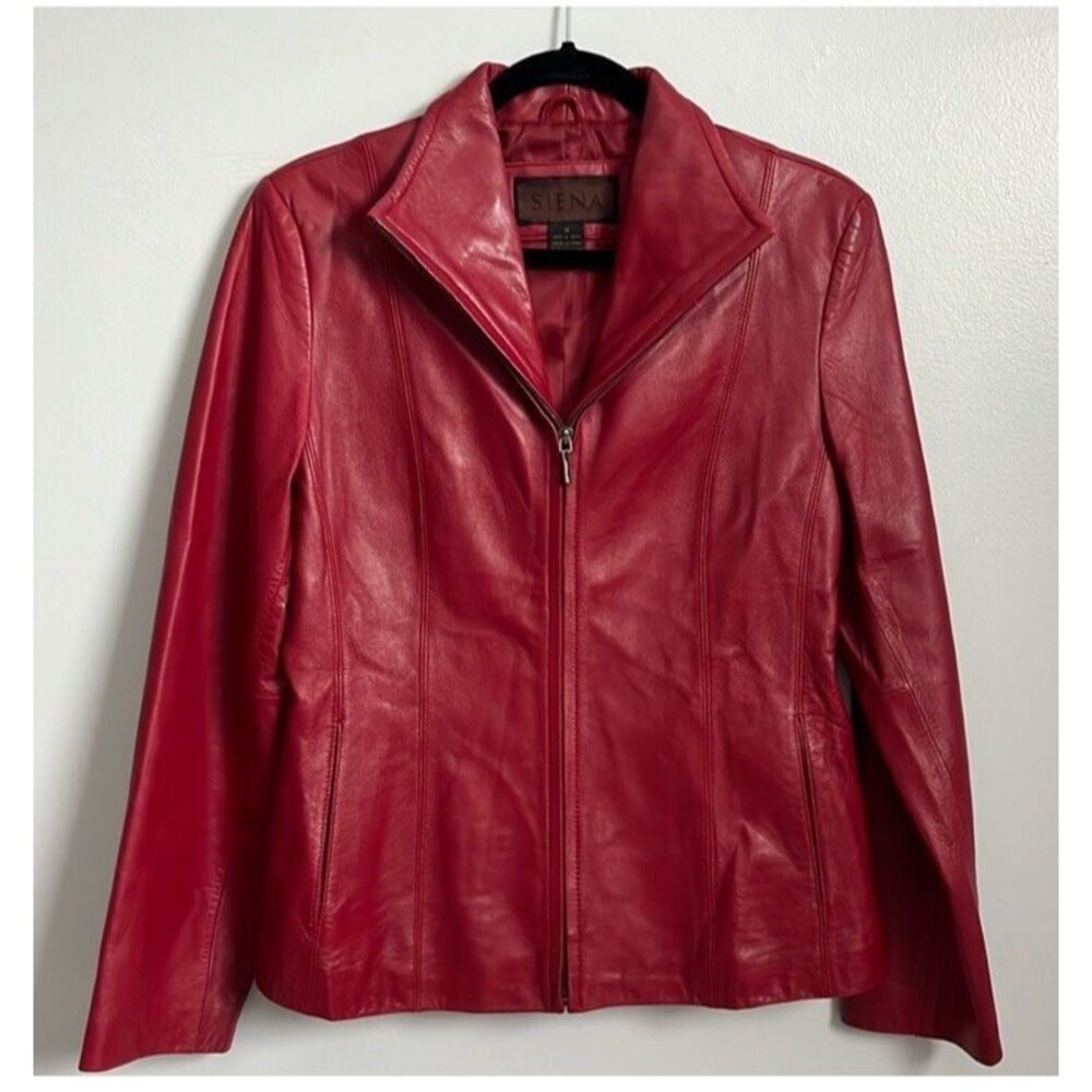 Gorgeous SIENA 100% Soft Leather Full Zip Women’s Jacket Sz M Red Lined Pockets